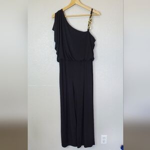 💚5/$25 Emma & Michele Black Gold Chain One-Shoulder Dressy Jumpsuit Wide Leg